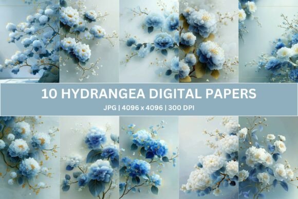 10 Blue Gold Zen Hydrangea Digital Paper