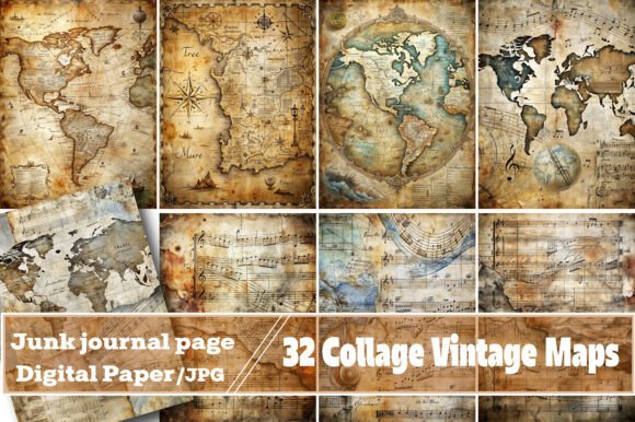 Unleash a World of Creativity with the Collage Vintage Maps Junk Journal Pages